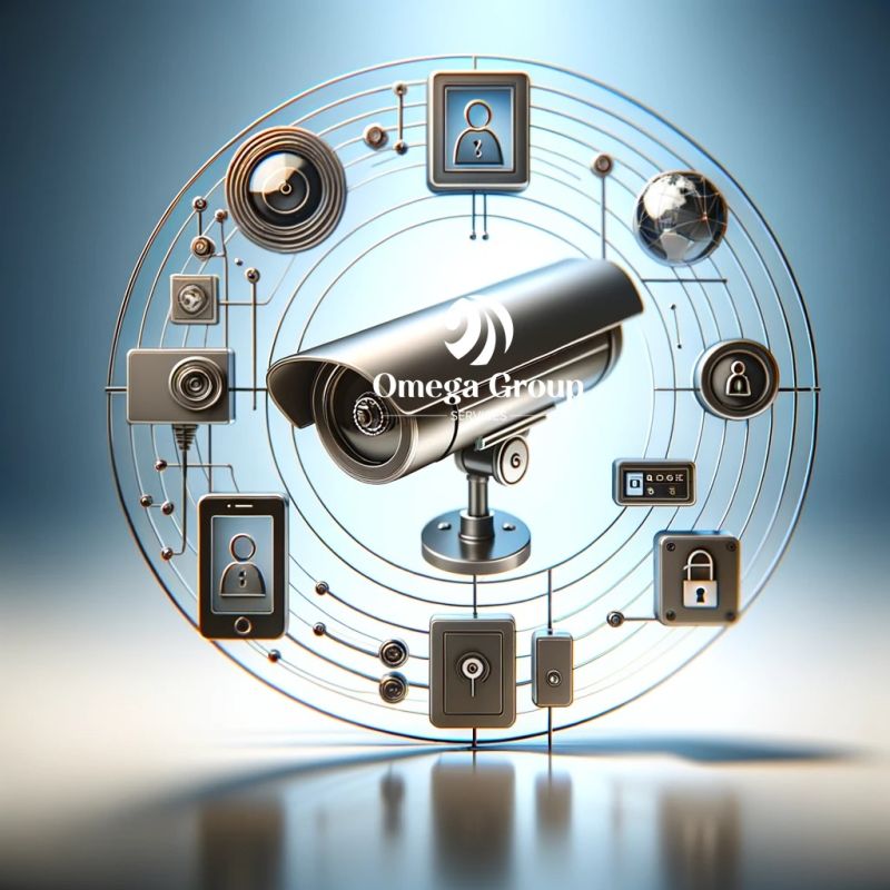 Une illustration conceptuelle mettant en vedette la Conformité aux Normes de Sécurité et divers éléments de sécurité tels qu'une caméra de surveillance centrale, des cadenas numériques, des icônes de profil utilisateur et des dispositifs d'accès sécurisés, tous intégrés dans un schéma circulaire avec le logo d'Omega Group au centre.